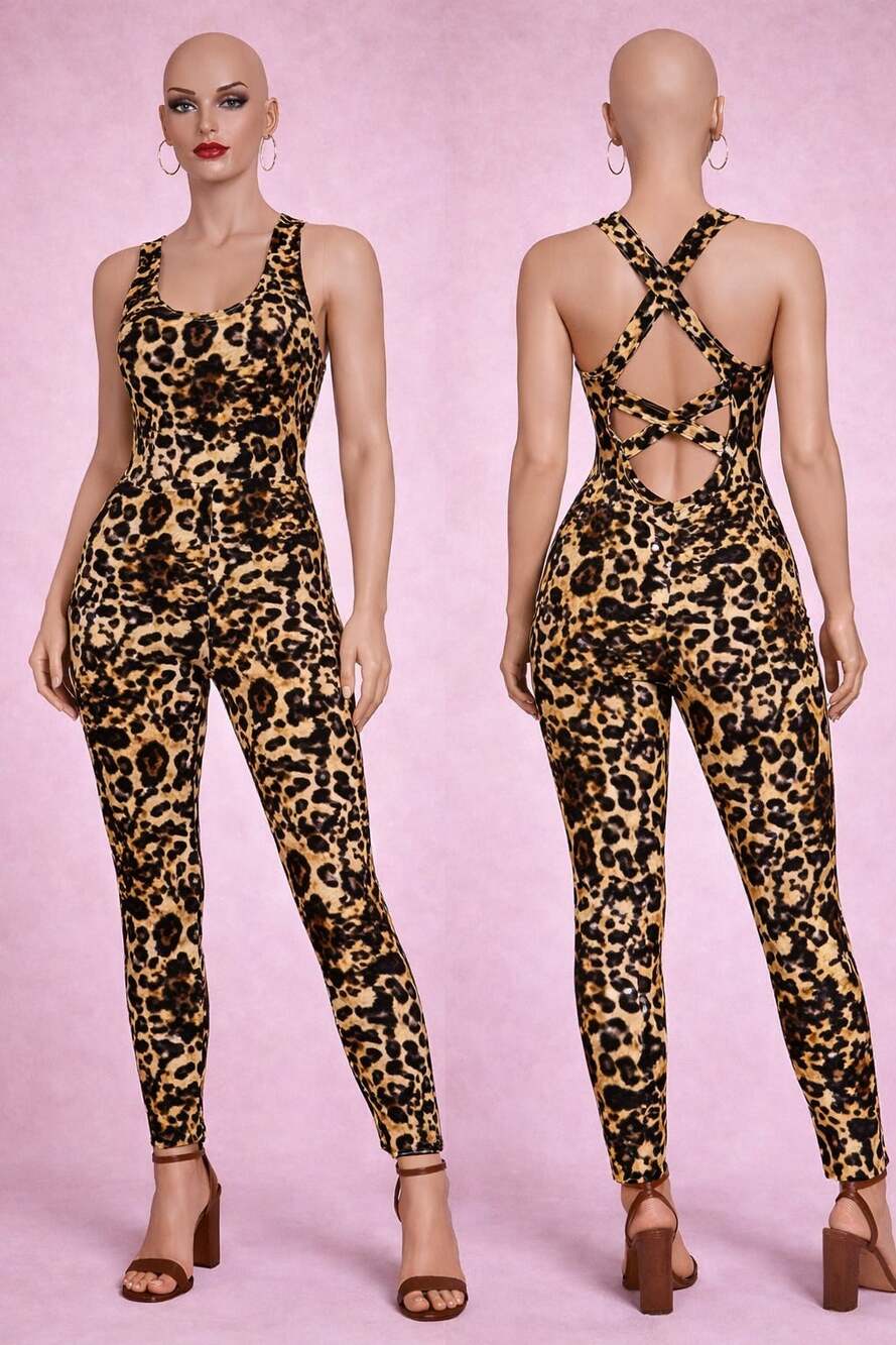 SHEIN CURVE Plus Leopard Print Crisscross Back Bodycon Jumpsuit